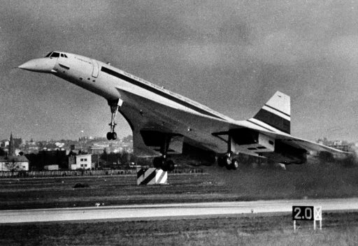 Concorde's inaugural test flight in 1969 showcasing its pointed nose and its tight wing span