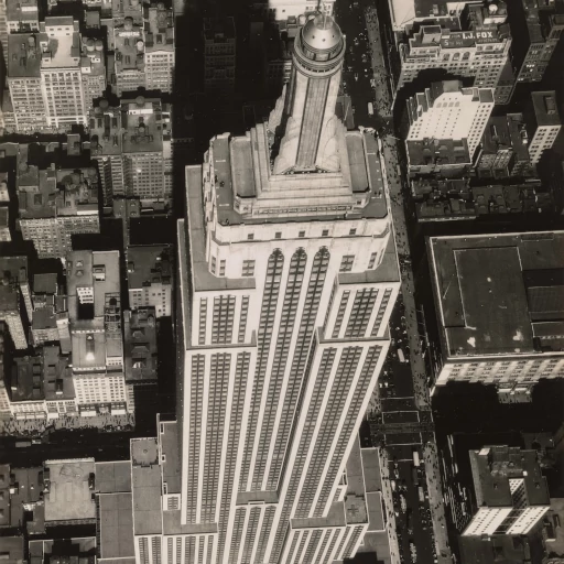 Aerial black and white photograph of the Empire State Building from 1932, highlighting the Art Deco style's emphasis on vertical lines and setbacks.