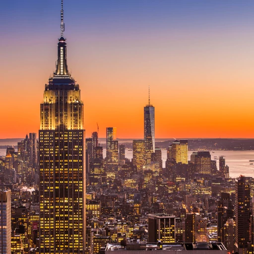 A breathtaking view of the Empire State Building at dusk with the Manhattan skyline in the background, showcasing the building's Art Deco spire against a sunset sky.